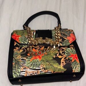 Aldo Black and Gold Floral Satchel
